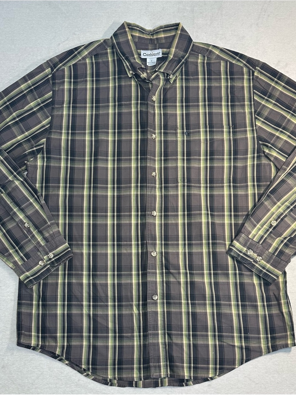 Carhartt Men’s Grey and Green Plaid Button Down Shirt